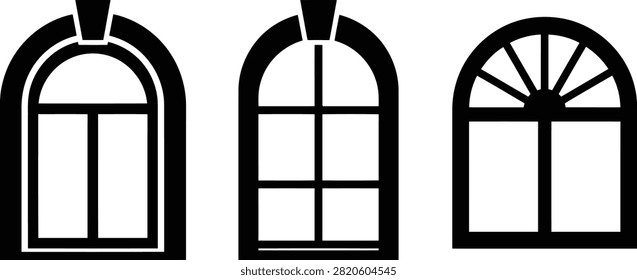 Three Different Architectural Window Designs With Arched Tops Isolated Vector Illustration
