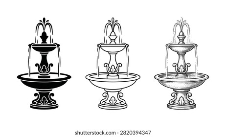 Three different artistic representations of a tiered water fountain isolated on white background