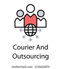
Three different avatars of humans showing different courier services where a globe in the mid showing outsourcing concept 
