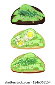 Three different avocado toasts. Set of guacamole, avocado with seeds and eggs sandwiches. Tasty healthy food for breakfast. Isolated vector illustration