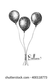 Tres globos diferentes dibujados con tinta. Juego de globos dibujados a mano.