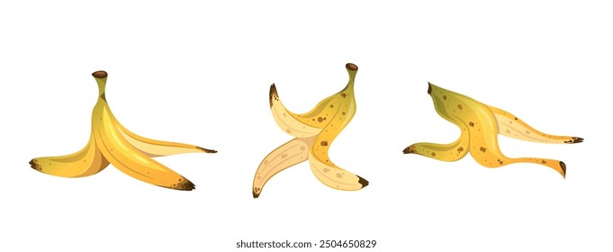 Three Different Banana Peels In Cartoon Style.. Vector Illustration Depicts Various Angle Views Of Banana Skins Lying