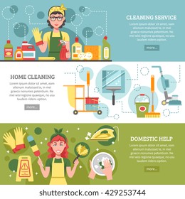 Three different banners on cleaning service theme with titles like cleaning service home cleaning and domestic help vector illustration