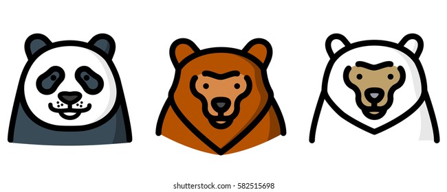 Three Different Bear Panda, Brown And Arctic, Line Art Vector Illustration