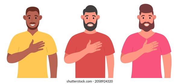 Three different bearded men expresses they positive feeling to people, keep hands on chest or heart. Character set. Vector illustration.