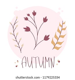 Three different beautiful branches with leaves in autumn colors on a pink round background with "AUTUMN" word.