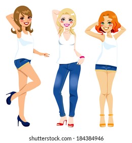 Three different beautiful girls dancing and posing in blue jeans shorts and white shirts