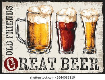 Three different beer glasses filled with golden and dark brews sit side by side. The atmosphere is inviting perfect for sharing moments and laughter with friends while enjoying quality drinks.