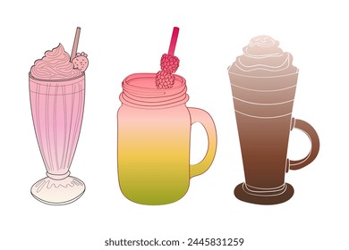 Three different beverages lined up in a row on a tabletop. Each drink has a distinct color and shape, showcasing a variety of options for consumption