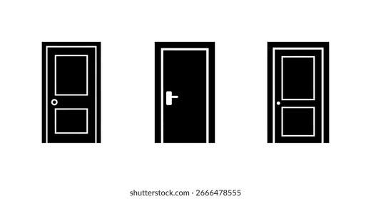 Tres puertas negras diferentes con manijas y contornos blancos aislados sobre un fondo blanco. Un conjunto de iconos de puertas interiores. Ilustración vectorial.