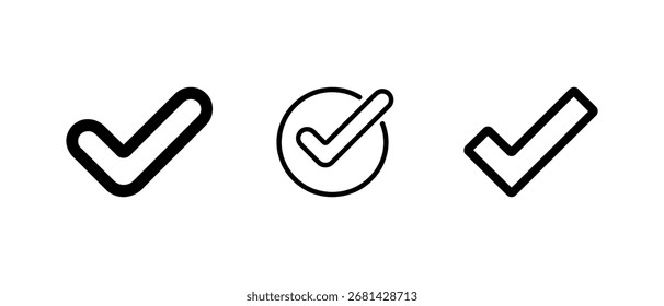 Três diferentes marcas de seleção de contorno preto definidas em um fundo branco, ícones de vetor usados para indicar uma resposta correta ou tarefas concluídas.