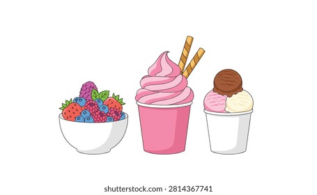 Three different bowls and cups filled with delicious strawberry raspberry blueberry fruit salad and creamy soft serve ice cream treats.