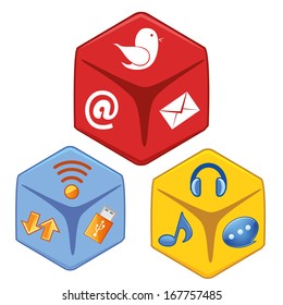 three different boxes with colored icons inside them