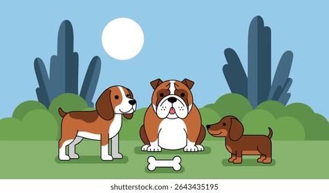 Three Different Breeds of Dogs Posing Outdoors with a Dog Bone In Front