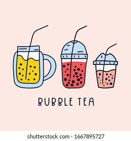 Three different bubble tea. Hand drawn vector illustration.