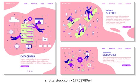 Three different business template designs with copyspace for text with diverse people in a data centre, ambition and success and scientific discoveries, colored vector illustration