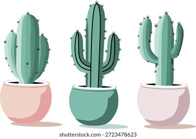 Três cactos diferentes em vasos coloridos. Ilustração de vetor plano. Plantas do deserto, decoração caseira e conceito de natureza isolado no fundo branco.