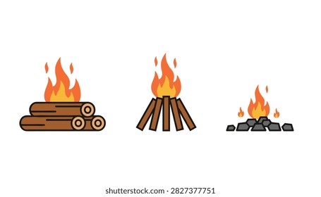Three different camp bonfire styles showing flat log stack, teepee log setup, and burning hot coal pile.