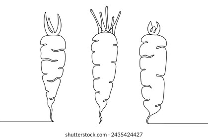 Three different carrots. A healthy low-calorie vegetable that contains a large amount of vitamins and minerals. Images produced without the use of any form of AI software at any stage.