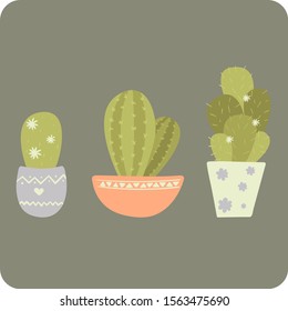 Three different cartoon cute cacti in pots