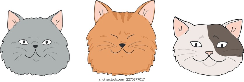Three different cat faces set. Different cat breeds. Cute hand drawn cat heads isolated on white
