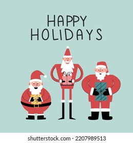 Tres personajes diferentes de Santa Claus con regalos. Felices fiestas. Ilustración aislada del vector. Navidad y Año Nuevo