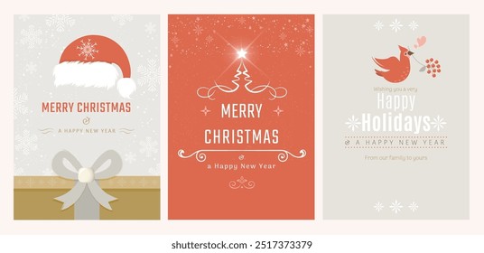 Three different Christmas card design with Christmas tree, Santa hat and cardinal bird. All in separate layers. Vector.