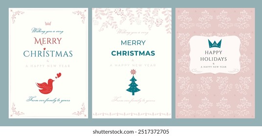 Three different Christmas card designs with floral frame and red cardinal bird. All in separate layers. Vector.