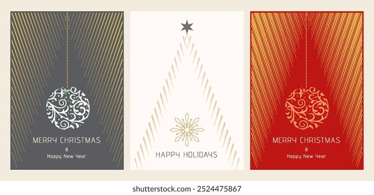 Three different Christmas card designs with Chtistmas tree and Christmas baubles. All in separate and group layers. Vector.