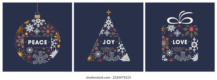 Three different Christmas card designs with snowflakes and text "PEACE", "JOY", "LOVE". All in separate and group layers. Vector.