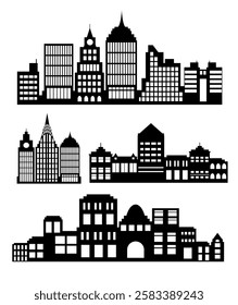 Three different city skylines are depicted in black and white, creating a visually appealing pattern