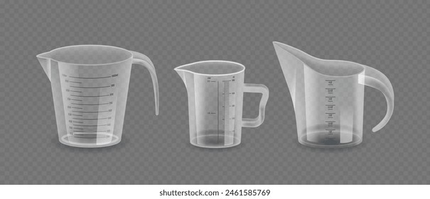 Three Different Clear Measuring Cups or Jugs. Kitchen Devices Isolated On Transparent Background, Jugs For Measurement