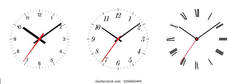 Three different clock faces over white, with regular, italic and fraktur numerals. Part of an analog clock, or watch. Displays the time through the use of a dial and moving hands. Illustration. Vector