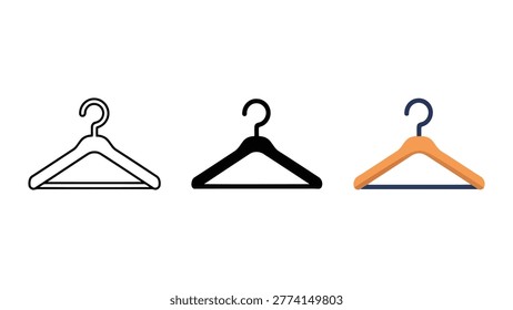 Three different clothes hangers: outline, solid black, and wood, flat design vector illustration