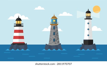 Three different coastal lighthouses standing on rocky islands in the sea, guiding ships under a soft blue sky.