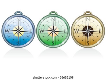 Three different color compass on white background