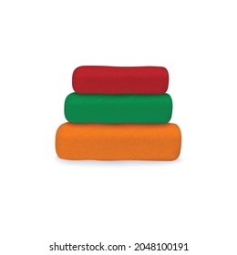Three different color fluffy bath towels piled up, realistic vector illustration isolated on white background. Terry stacked bathroom towels realistic template.