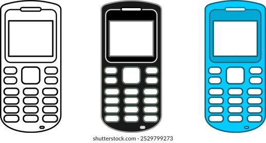 O telefone do teclado numérico com três cores diferentes é um telefone com um teclado físico em vez de uma tela sensível ao toque. Os telefones com teclado são projetados para serem fáceis de usar e realizar funções básicas, como fazer chamadas