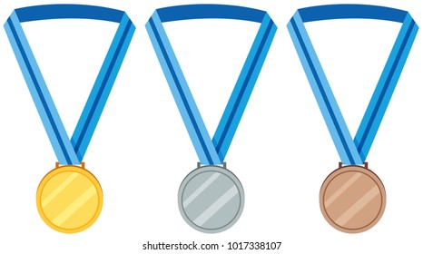Tres medallas de color diferentes con ilustración de cinta azul