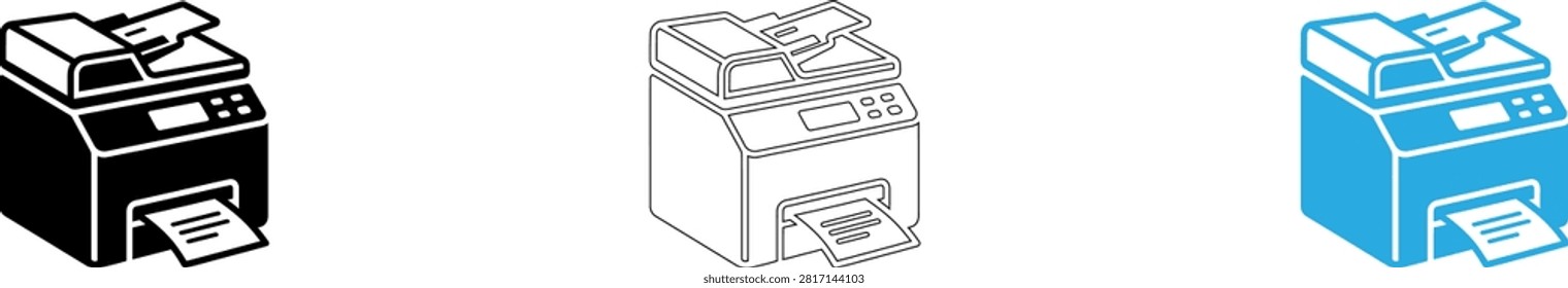 Three different color printer icons in a simple line-up isolated on transparent background, Vector