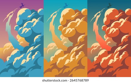 Three different color schemes vector illustration of a witch flying over dramatic sunset clouds