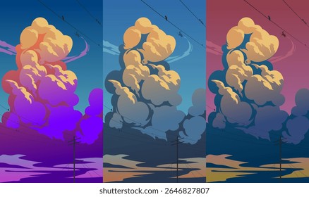 Três esquemas de cores diferentes ilustração vetorial de paisagem nublada ao entardecer