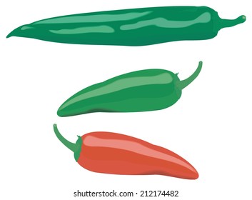 three different color and shape peppers, isolated on white