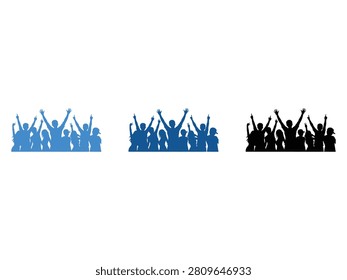 Three different color silhouettes of a cheering crowd with arms raised in excitement and joy.