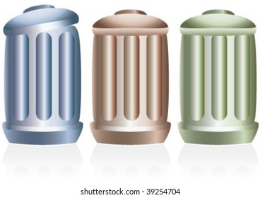 three different color trash can.
