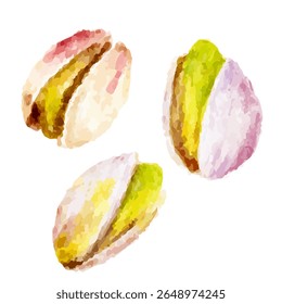 three different colored cookies on a white surface
