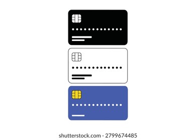 Three different colored credit cards with chip and magnetic stripe on white background