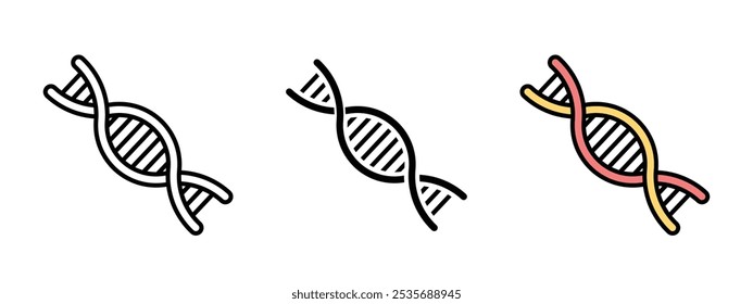 Se muestran tres hebras de ADN de diferentes colores. Icono de ADN en contorno, silueta e ícono de color editable con un Vector sin expandir en el interior, ícono de hebras de ADN