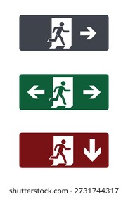 Três sinais horizontais coloridos diferentes representando um ícone de pessoa em execução indicando uma saída, com setas direcionais.