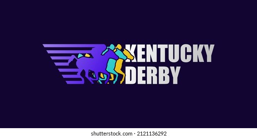 Three different colored horses and kentucky derby text. Bold font title text. Kentucky derby concept.